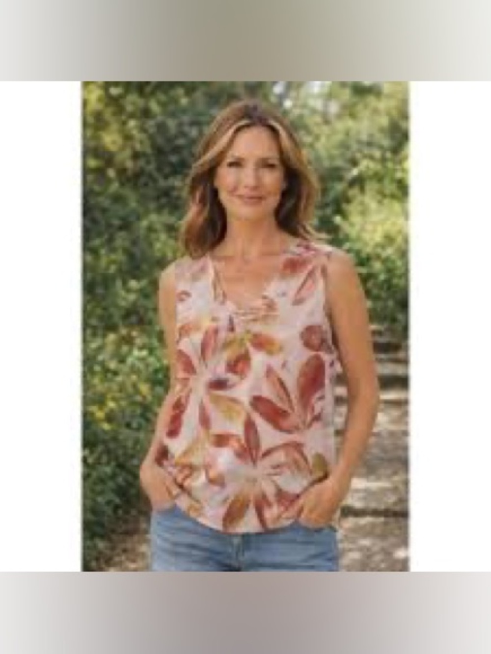 Cabi Floral Print Sleeveless Top XS Cream Rust Watercolor V-Neck Chiffon Boho